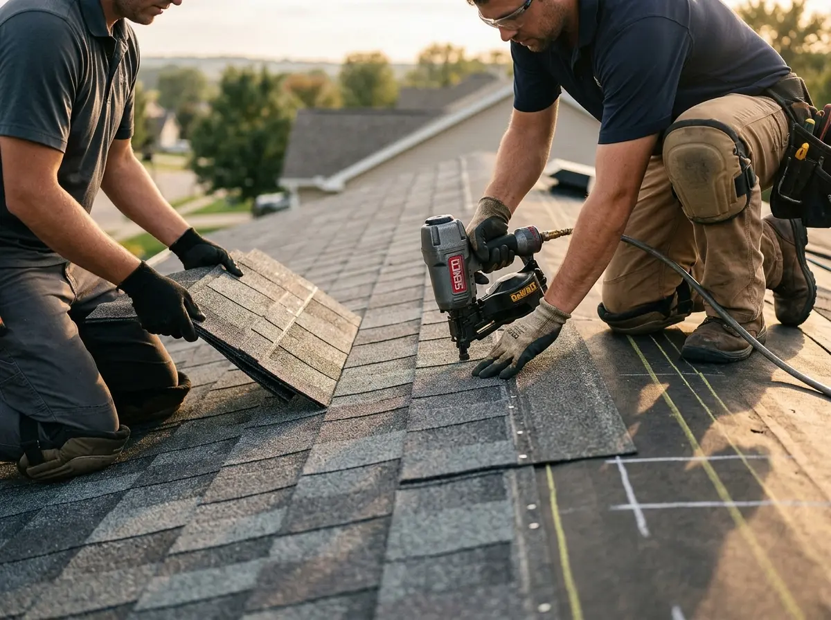 Professional roofer working on a residential roof in Spring